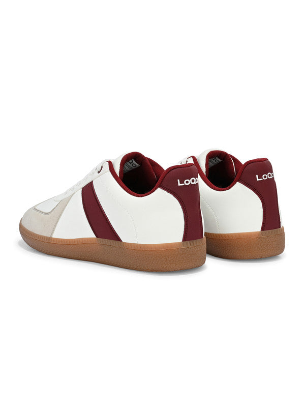 Close-up of Lugo White-Maroon Sneakers upper – structured faux leather with red-maroon detailing sneakers men