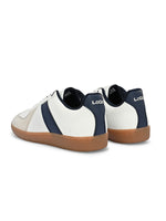 Load image into Gallery viewer, Close-up of Lugo White-Navy Sneakers upper – smooth faux leather with navy contrast sneakers men
