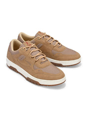 Men’s Vigo Tan Sneakers front view – taupe faux leather sneakers men