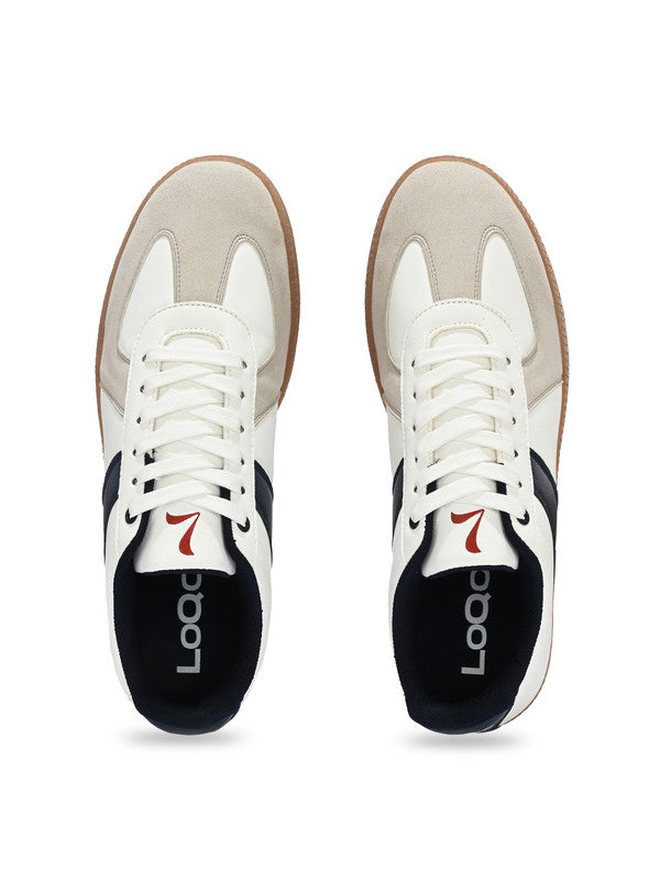 Overhead view of Lugo White-Navy Sneakers – clean white upper with navy details sneakers men