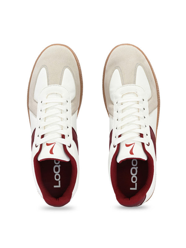 Overhead view of Men’s Lugo White-Maroon Sneakers – clean white upper with maroon highlights sneakers men