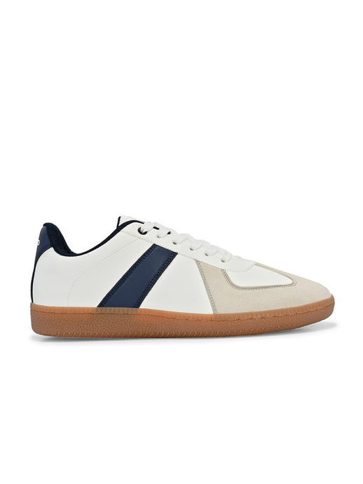 Side profile of Lugo White-Navy Sneakers – sleek faux leather sneakers men with navy trim